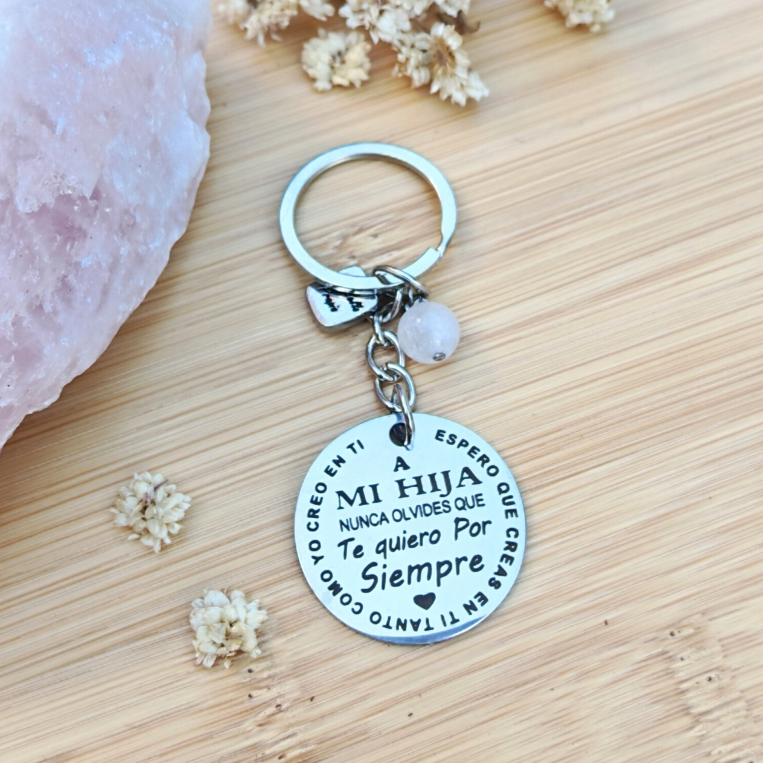 Llavero para Hija – Nunca Olvides Cuánto Te Quiero • Cuarzo Rosado | Mixtilo