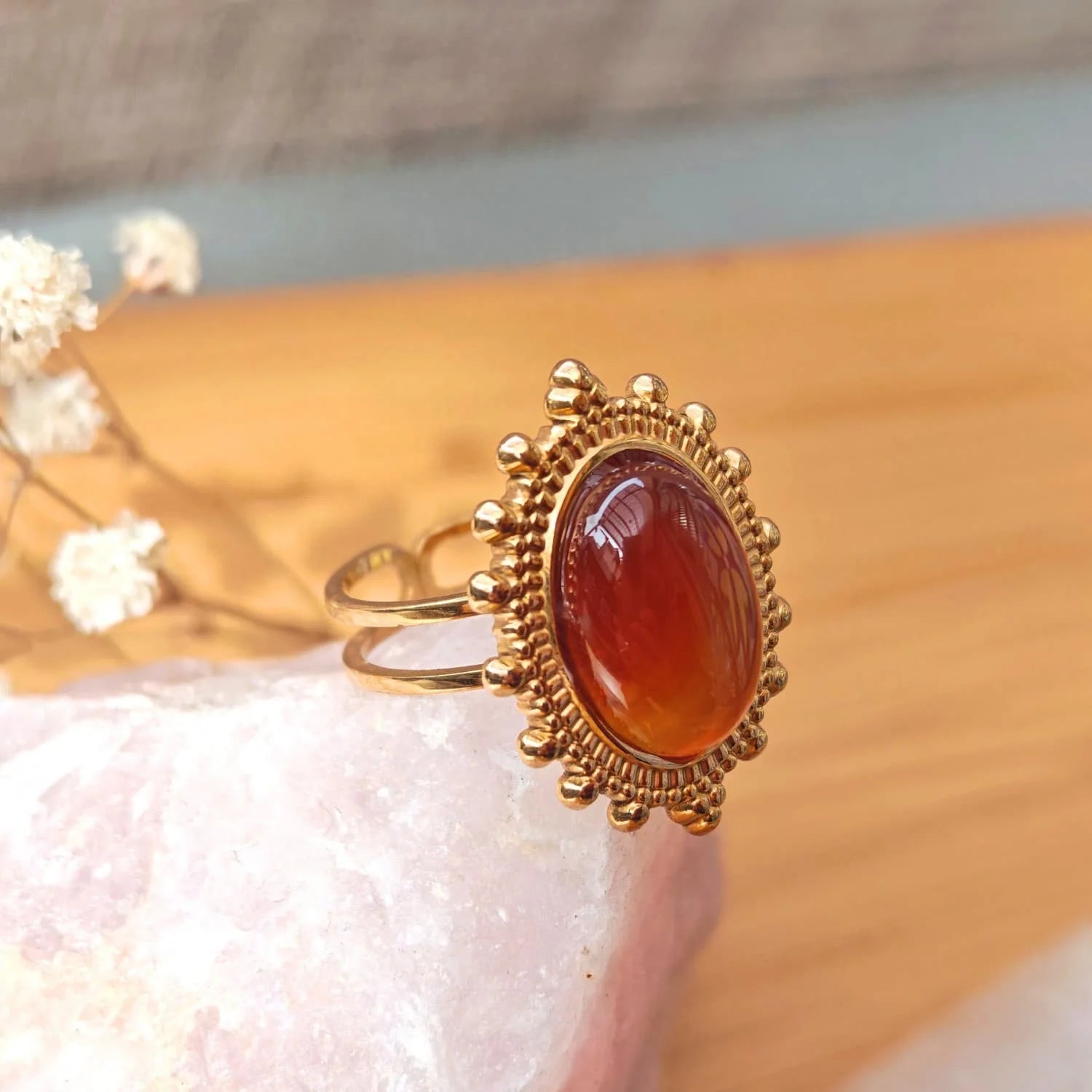 Anillo Ágata Cornalina - baño de oro