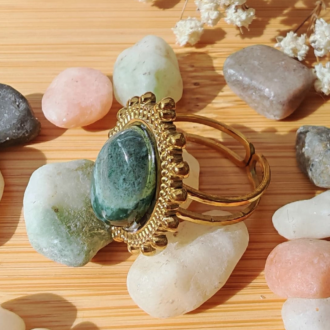 Anillo Ágata Musgo - Baño de oro