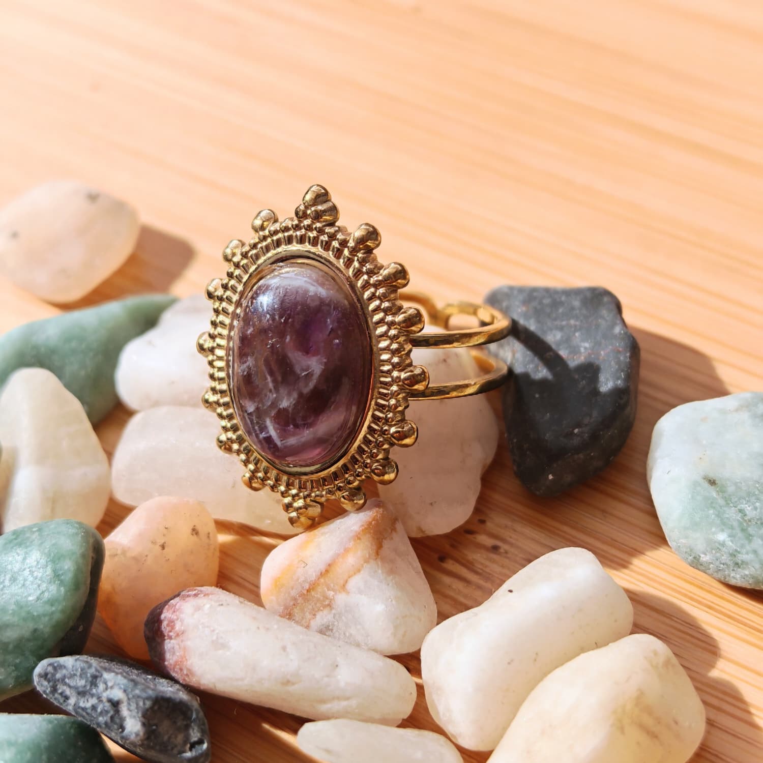 Anillo amatista acero baño de oro