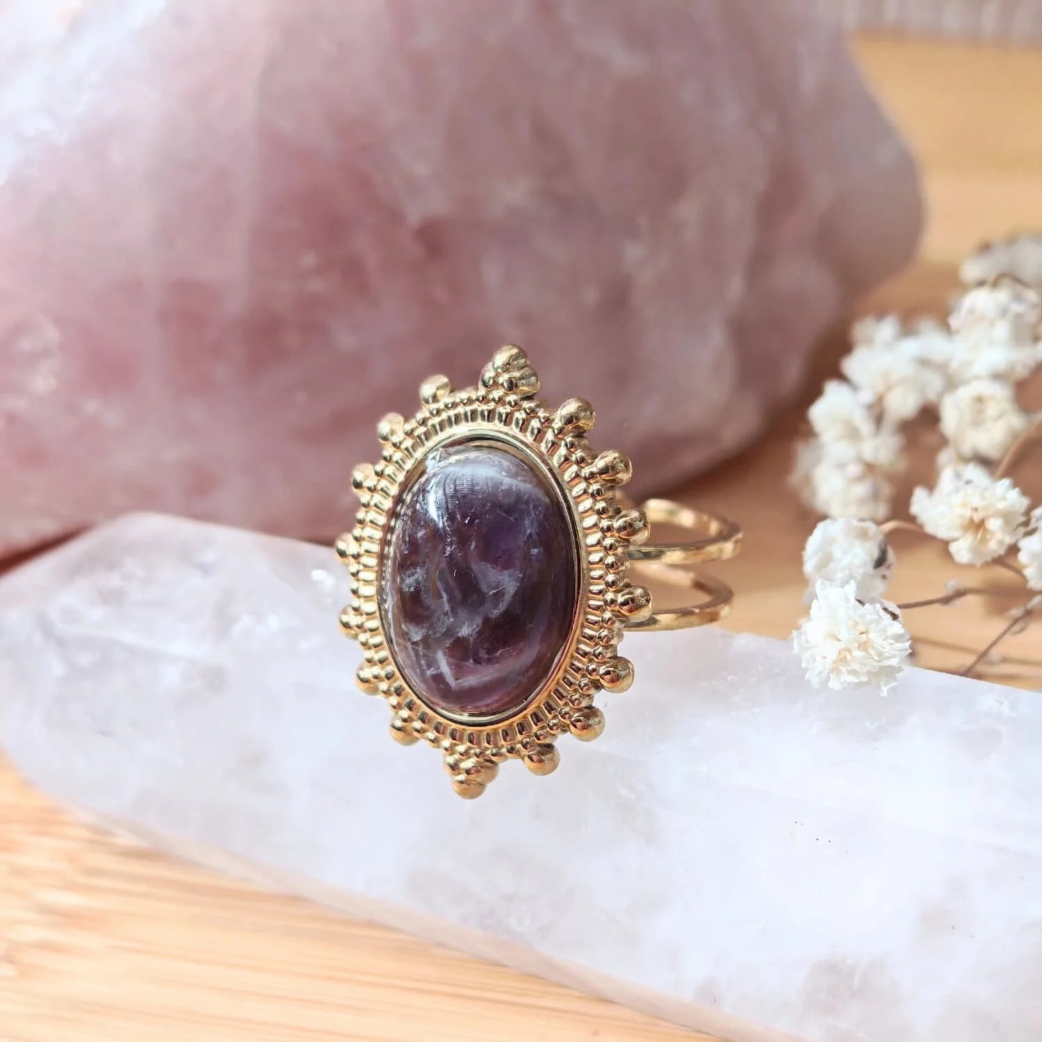Anillo amatista acero baño de oro