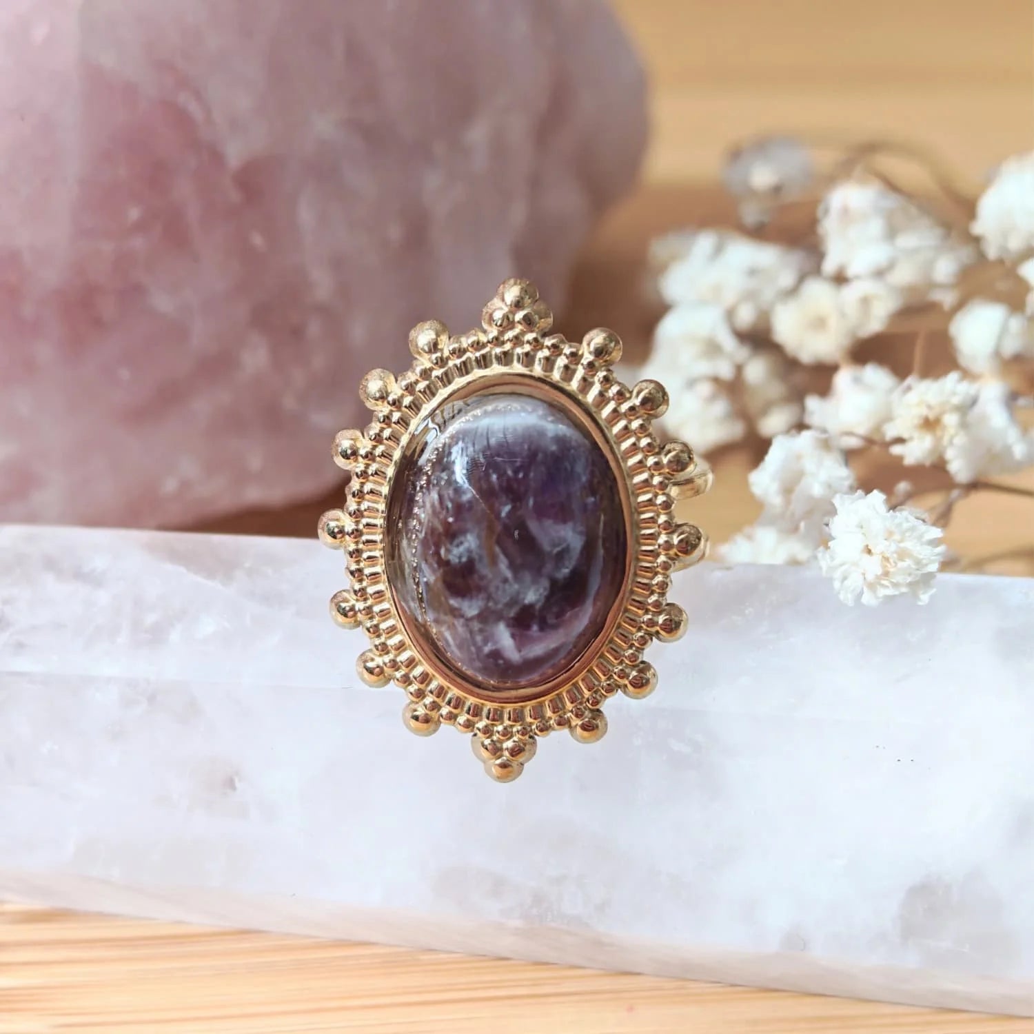 Anillo amatista acero baño de oro