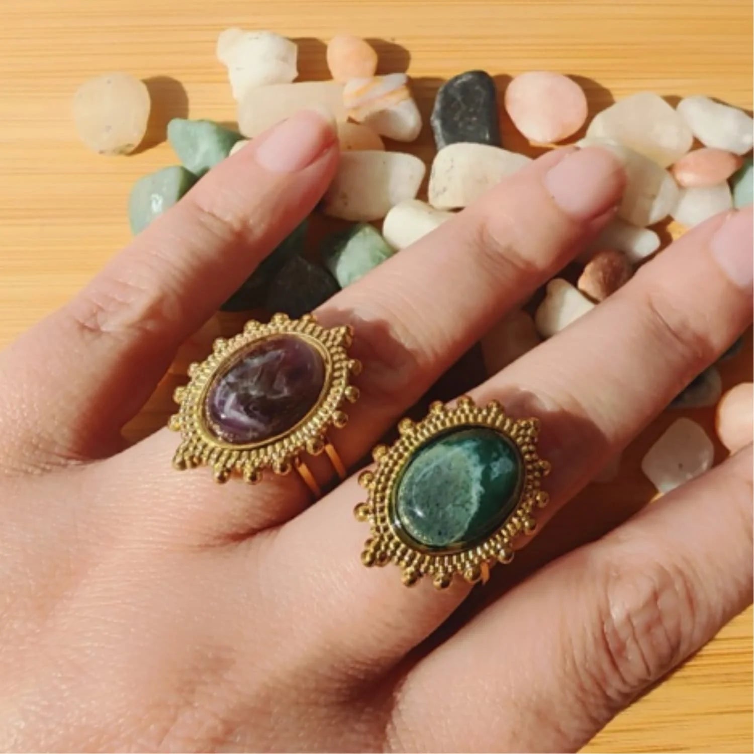 Anillo Ágata Musgo - Baño de oro
