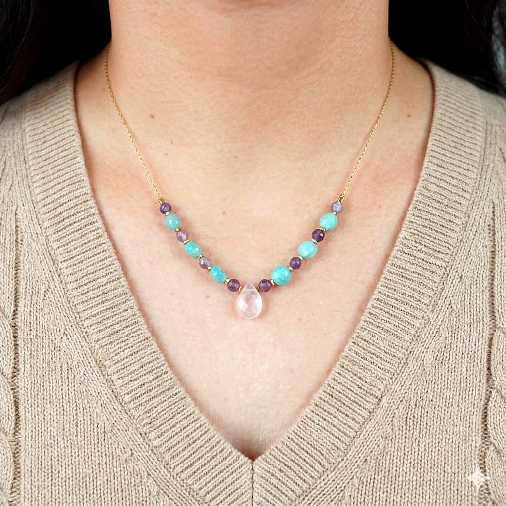 Collar Amatista, Cuarzo rosado, Amazonita