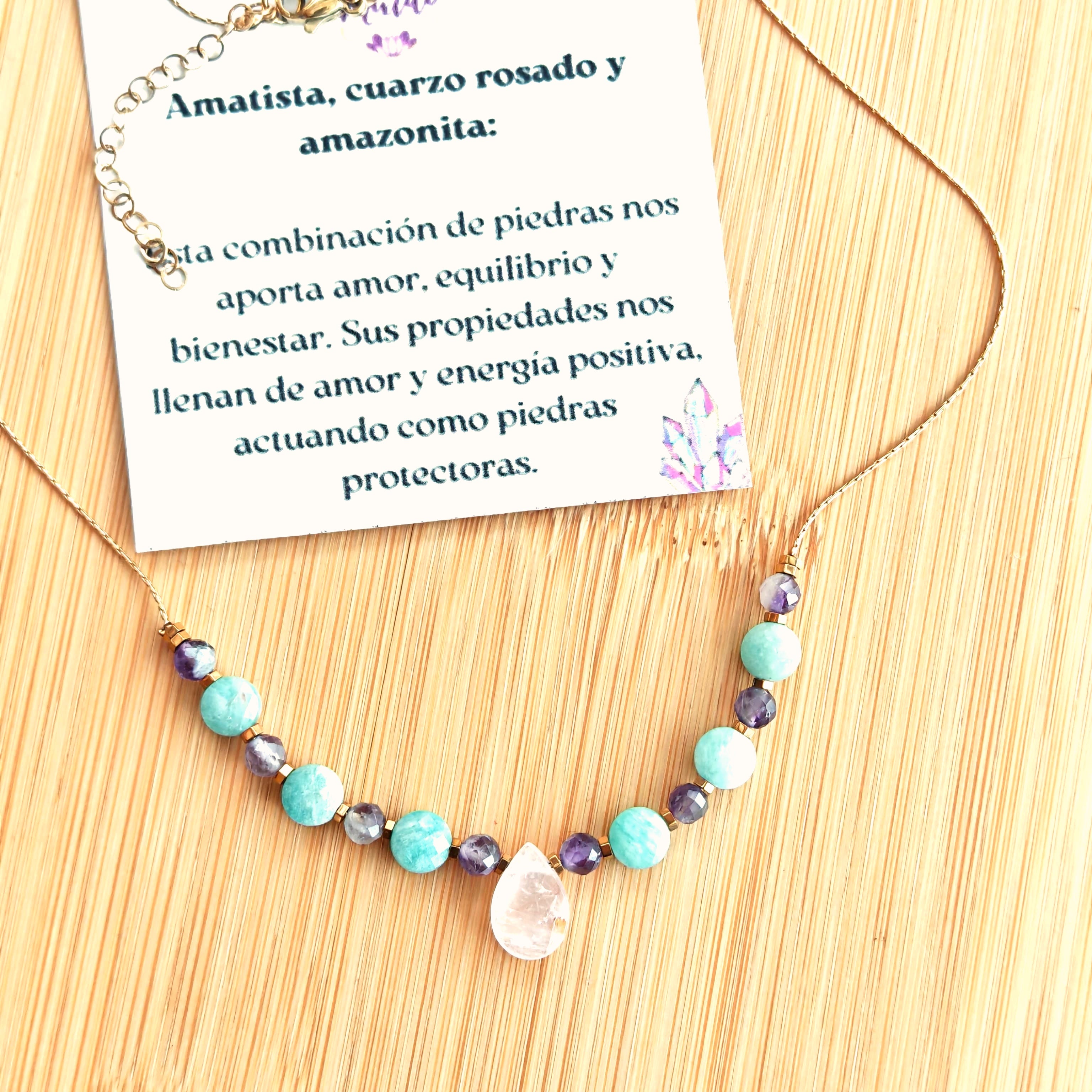 Collar Amatista, Cuarzo rosado, Amazonita