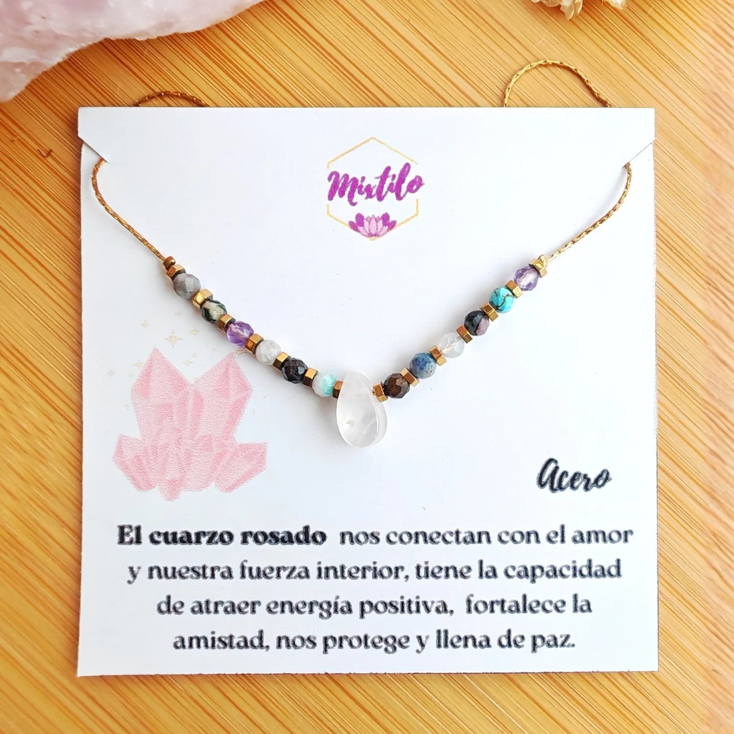 Collar cuarzo rosado con mix de piedras - Energía Positiva