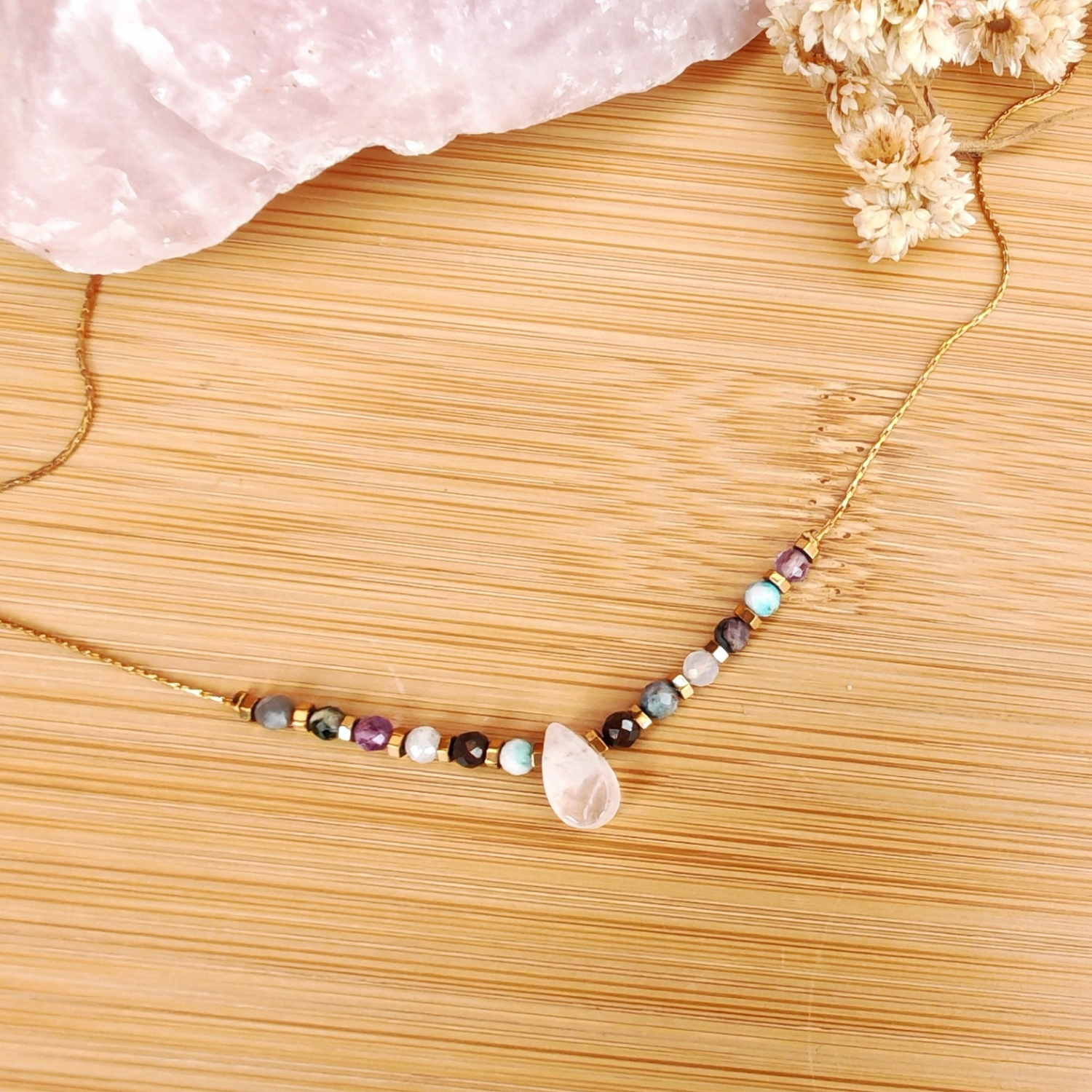 Collar Cuarzo Rosado con mix de piedras naturales Energía Positiva | Mixtilo