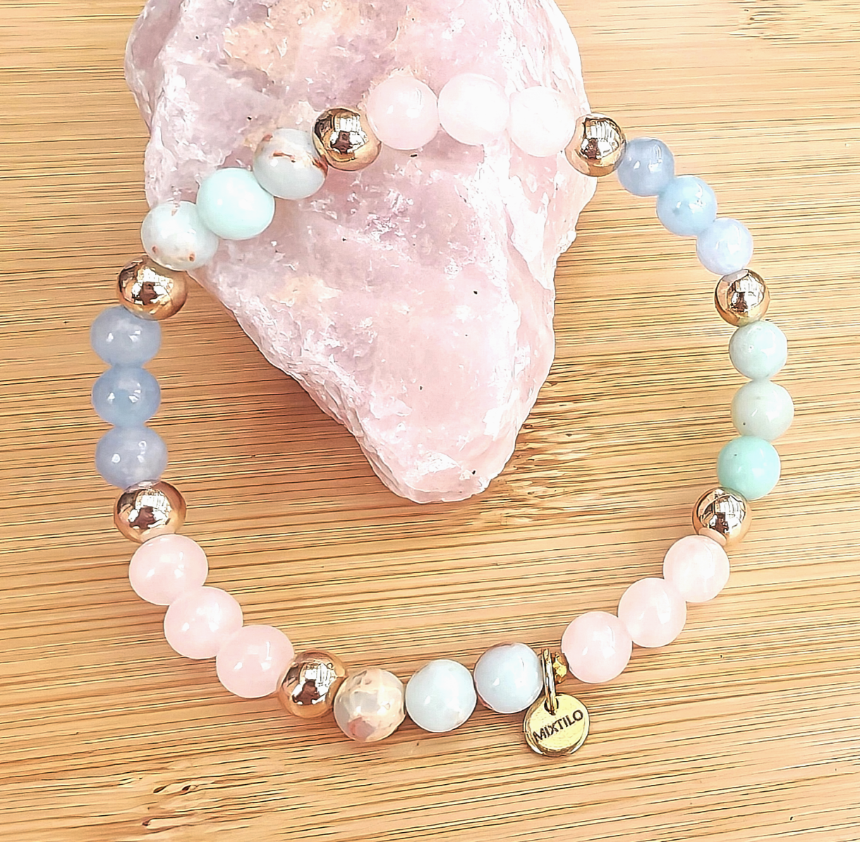 Pulsera Buenas Vibras – Aguamarina & Cuarzo Rosado