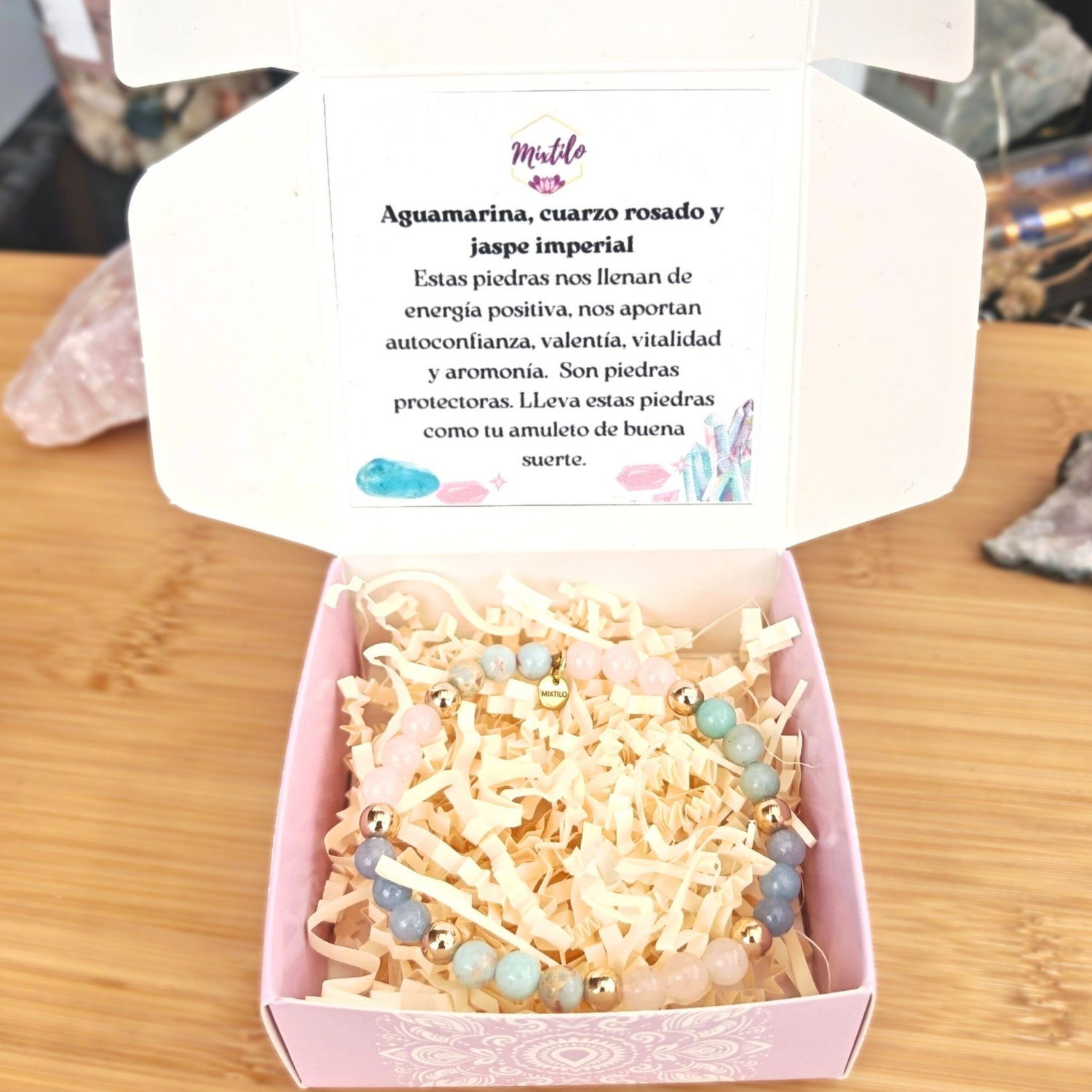 Pulsera Buenas Vibras – Aguamarina, Cuarzo Rosado y Jaspe Imperial | Mixtilo