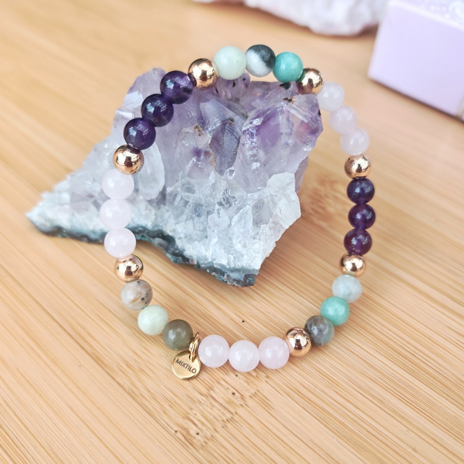 Pulsera Amor y bienestar – Amatista, Cuarzo Rosado y Amazonita | Mixtilo