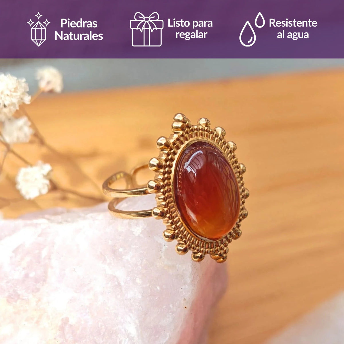 Anillo Ágata Cornalina - baño de oro