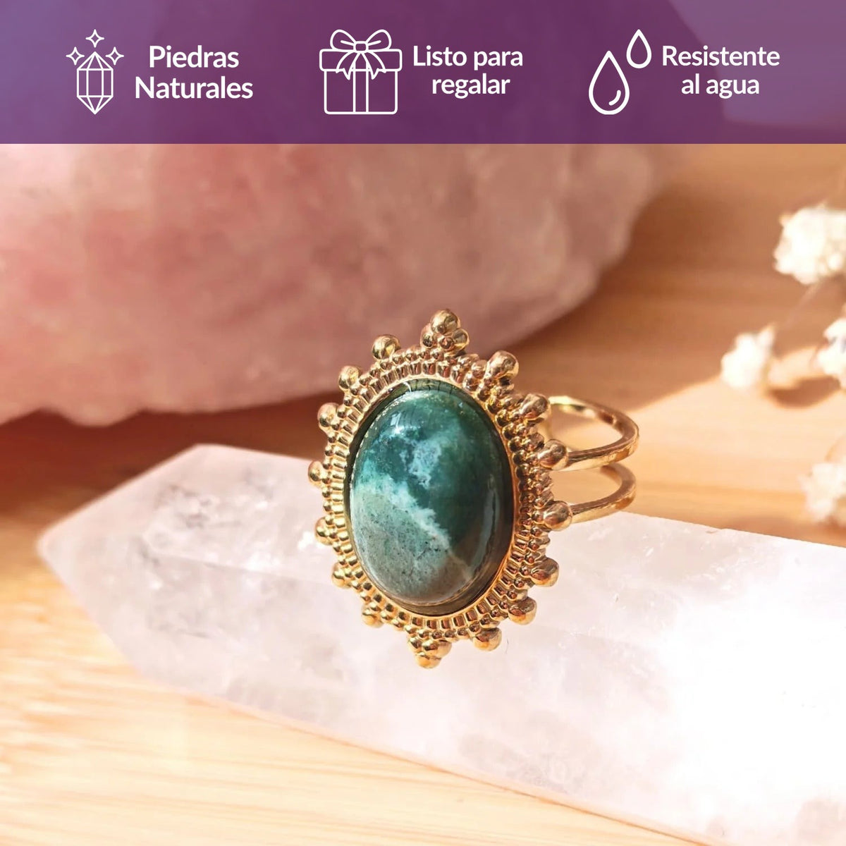 Anillo Ágata Musgo - Baño de oro