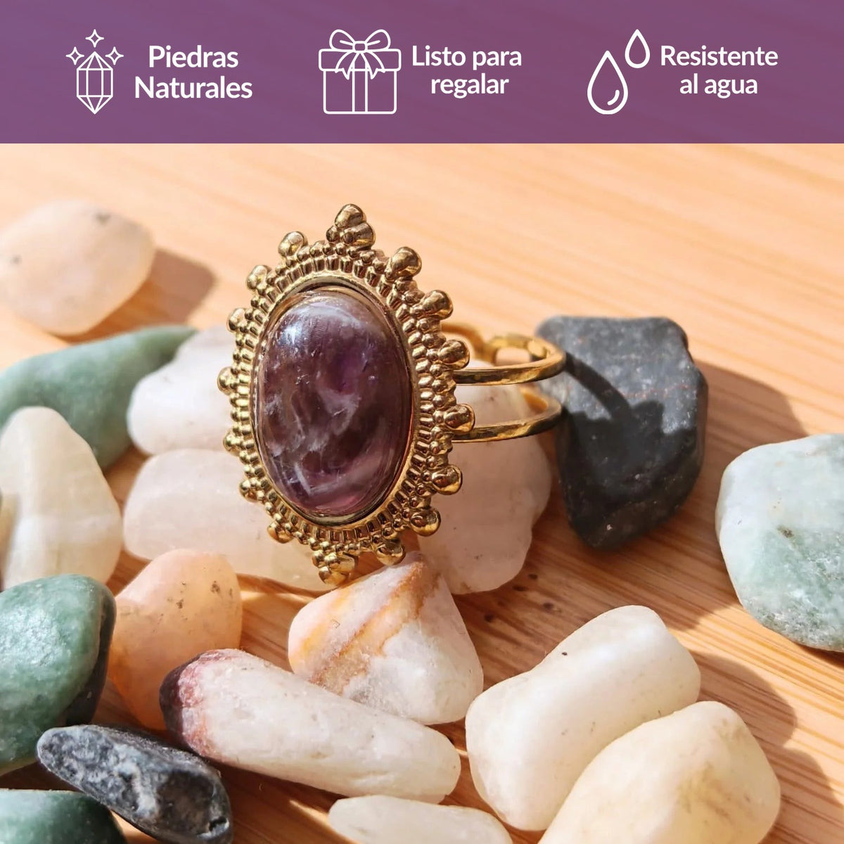 Anillo amatista acero baño de oro