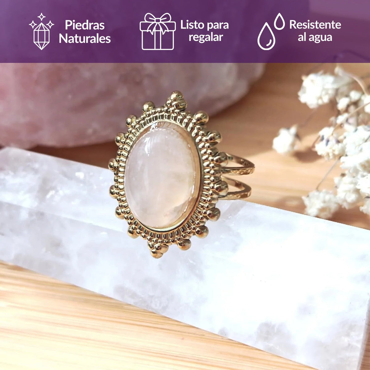 Anillo Cuarzo rosado baño de oro