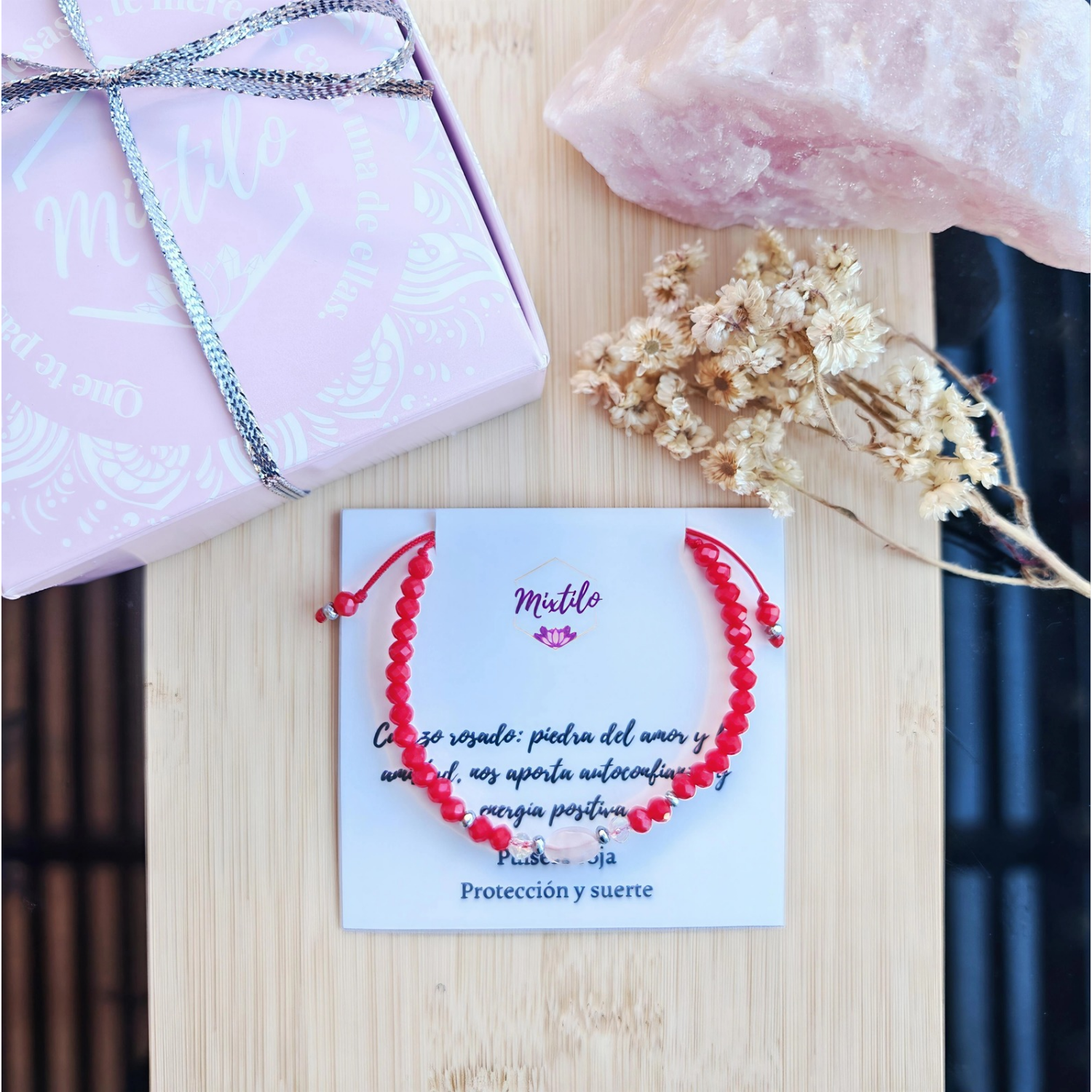 Pulsera Roja con Cuarzo Rosado – Amor, Paz y Energía Positiva | Mixtilo
