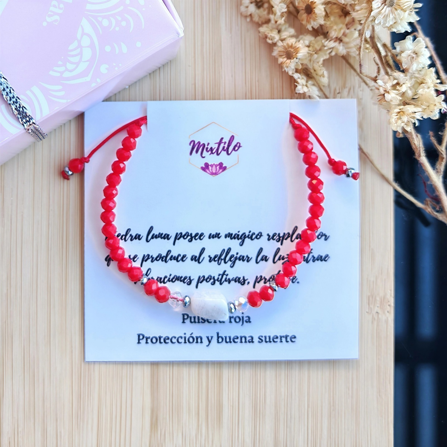 Pulsera Roja con Piedra Luna – Intuición y Poder Femenino | Mixtilo