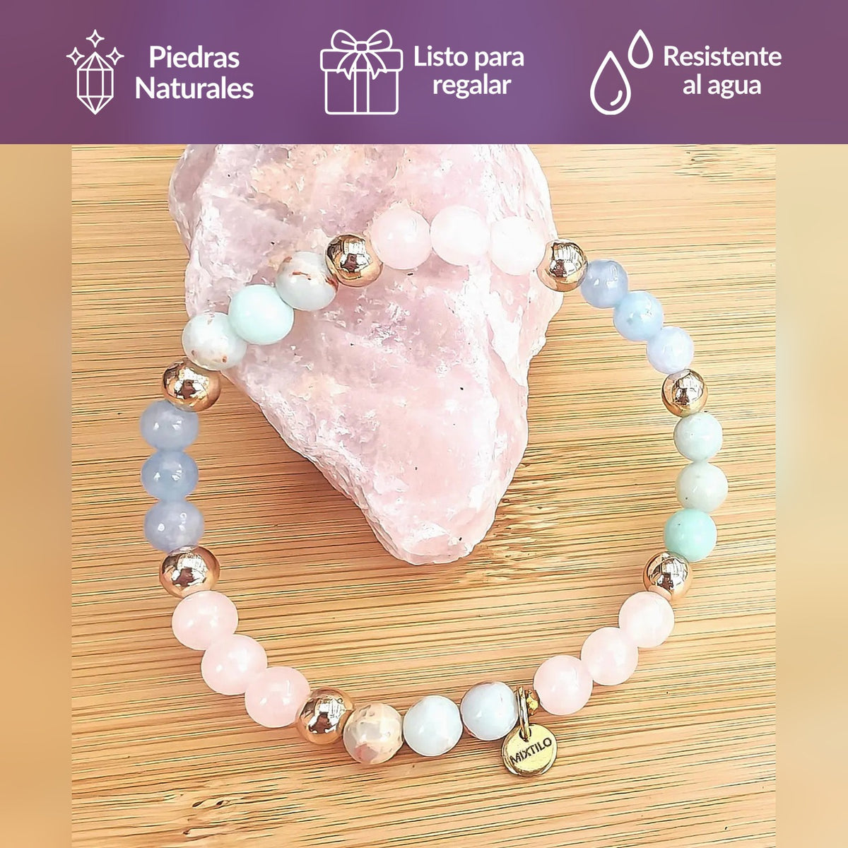 Pulsera Buenas Vibras – Aguamarina & Cuarzo Rosado
