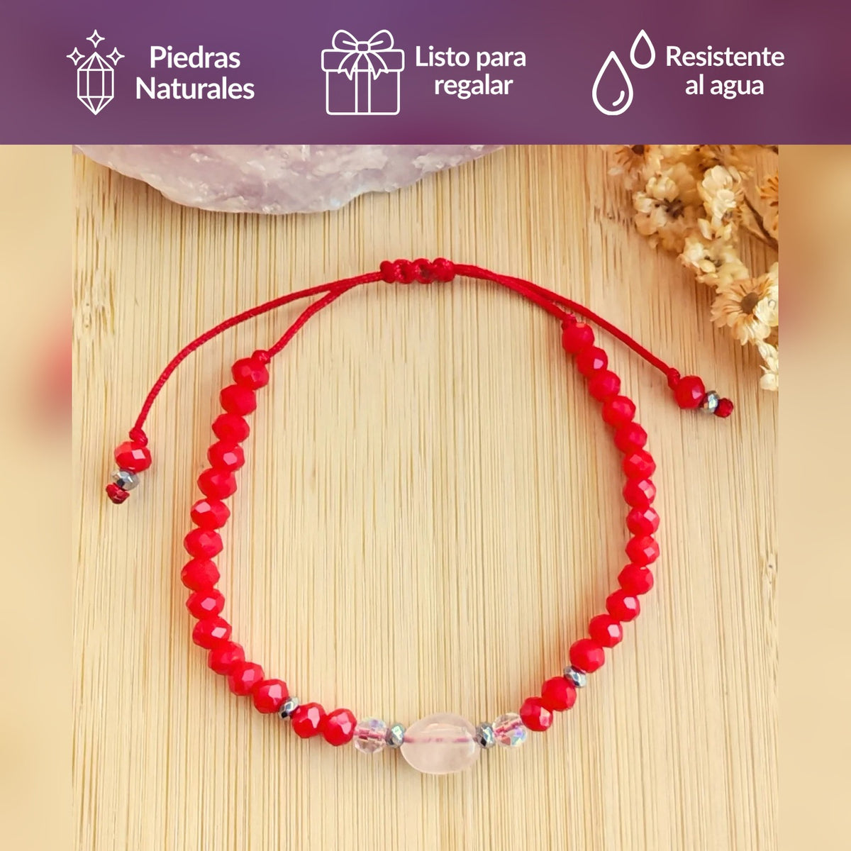 Pulsera Roja Cuarzo Rosado - Amor y energía positiva