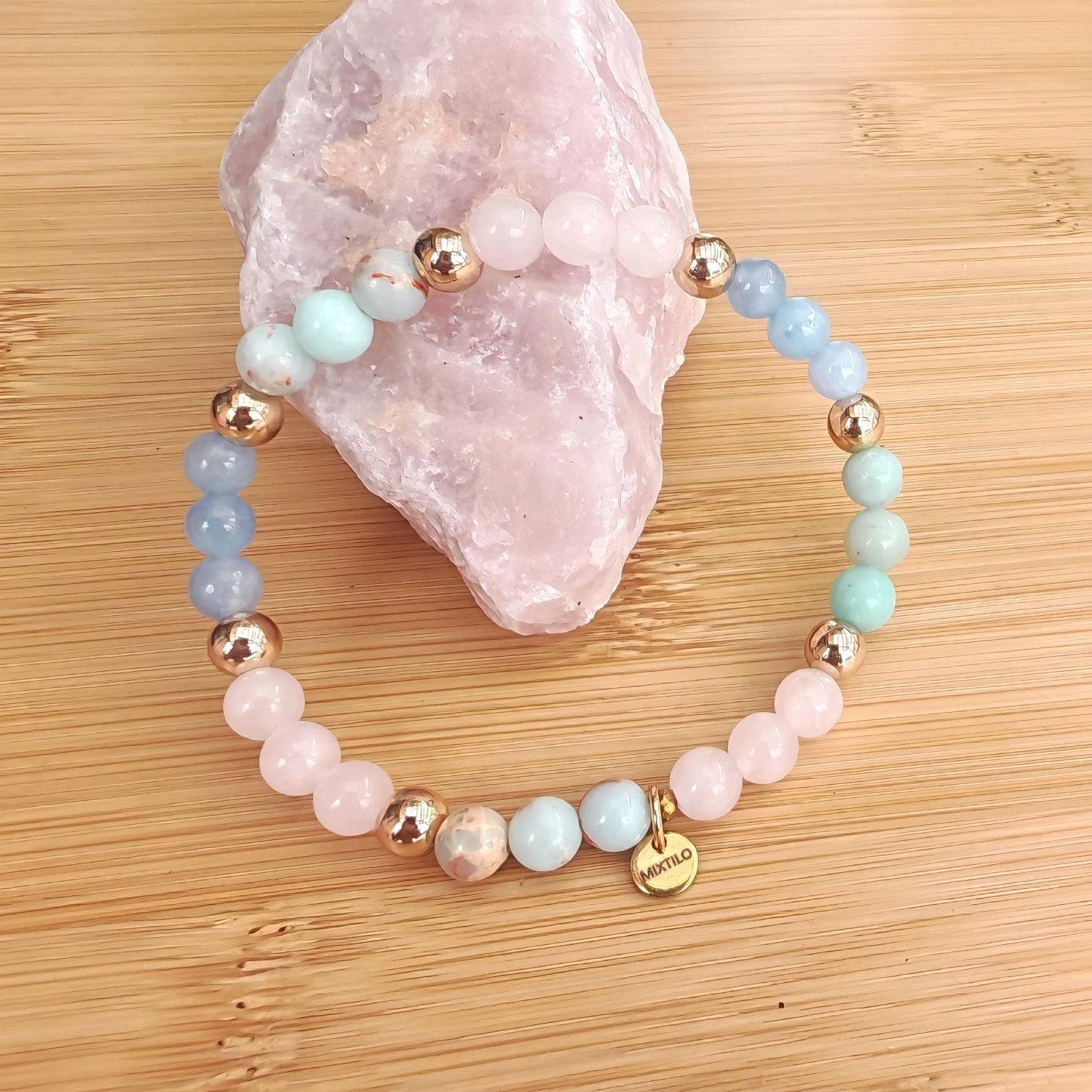 Pulsera Buenas Vibras – Aguamarina, Cuarzo Rosado y Jaspe Imperial | Mixtilo