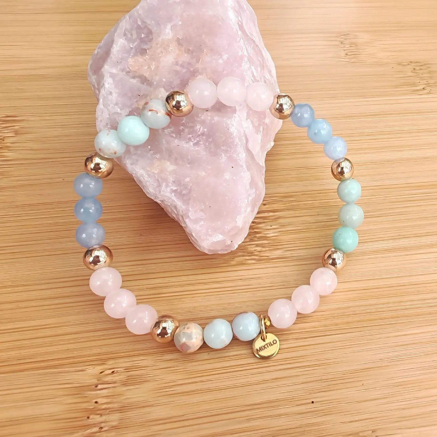 Pulsera Buenas Vibras – Aguamarina & Cuarzo Rosado