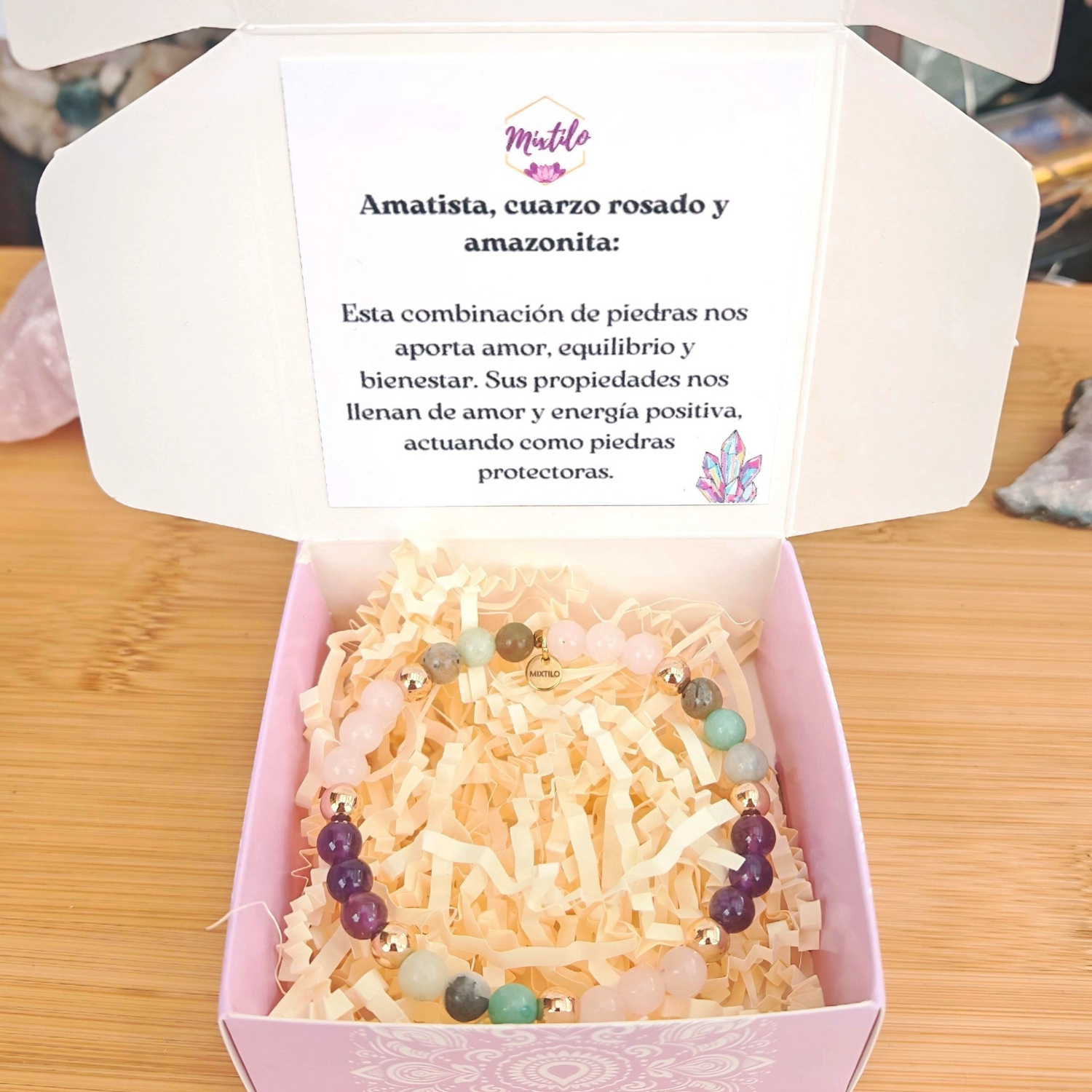 Pulsera Amor y bienestar – Amatista, Cuarzo Rosado y Amazonita | Mixtilo