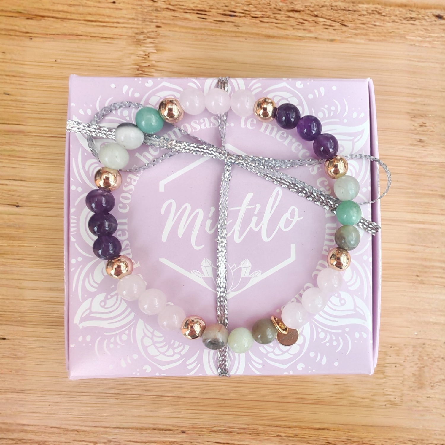 Pulsera Amor y bienestar – Amatista, Cuarzo Rosado y Amazonita | Mixtilo