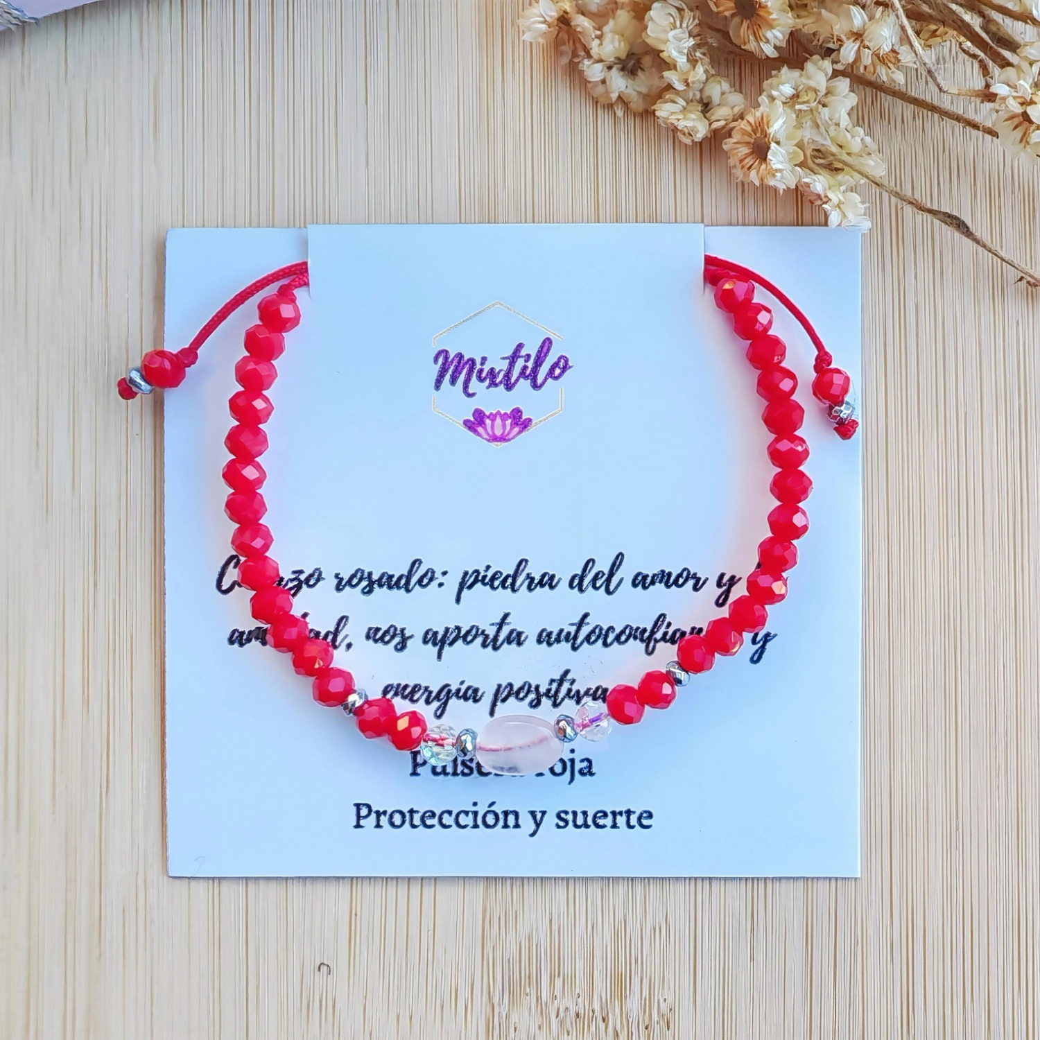 Pulsera Roja con Cuarzo Rosado – Amor, Paz y Energía Positiva | Mixtilo