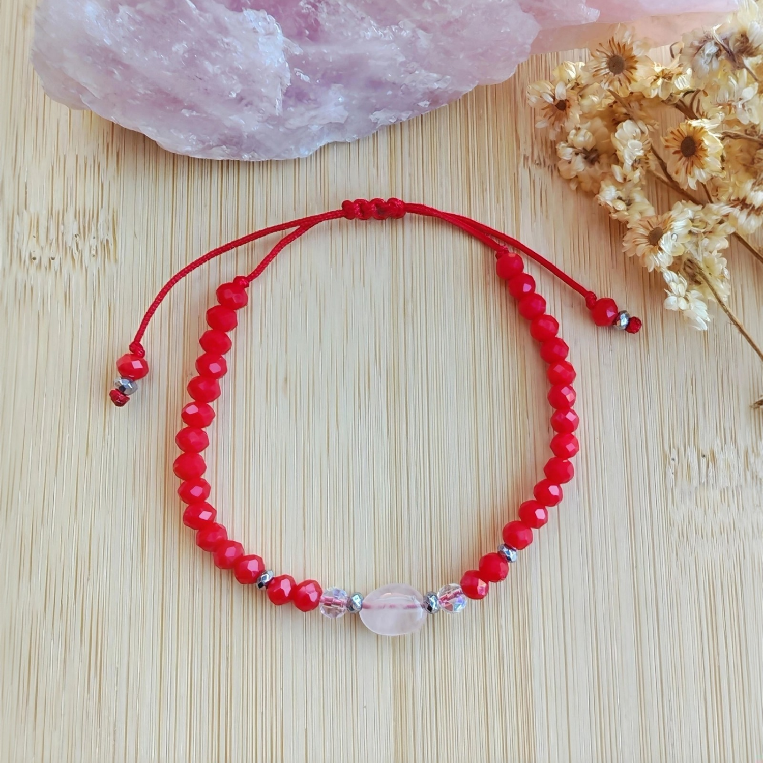 Pulsera Roja con Cuarzo Rosado – Amor, Paz y Energía Positiva | Mixtilo